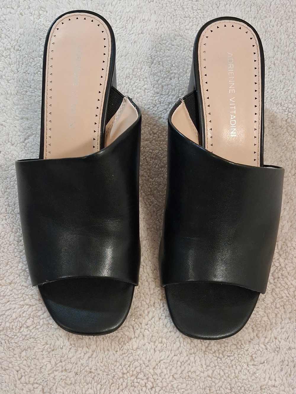 Adrienne Vittadini Black Open-Toe Leather Mules